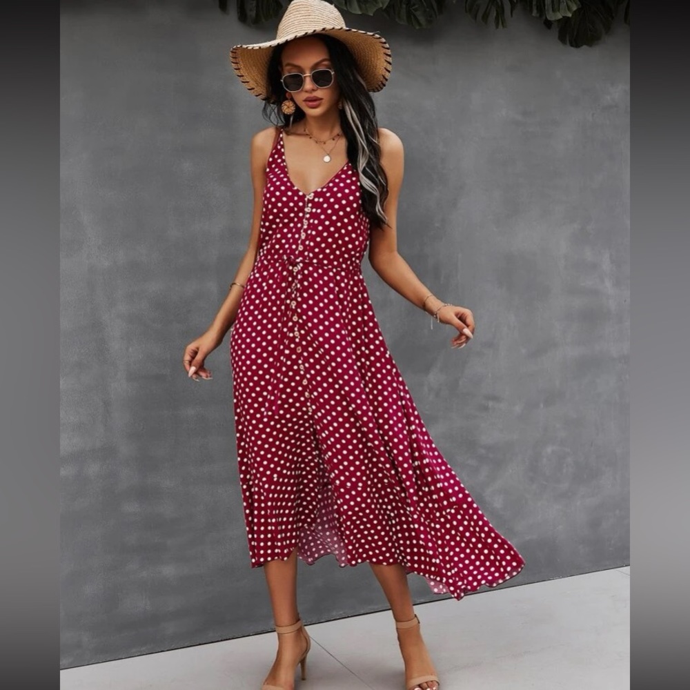 Boho polka dots print button detail drawstring waist cami dress - Picture 15 of 16